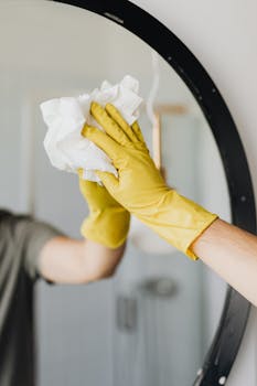 Close-up of a person cleaning a mirror with yellow gloves, focusing on hygiene and sanitation.