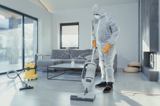 A cleaner in protective gear uses a vacuum cleaner in a contemporary home, emphasizing cleanliness.